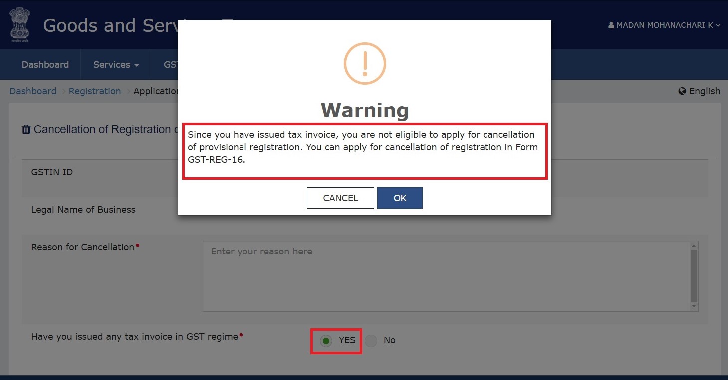 Cancellation after successful migration in GST Portal.