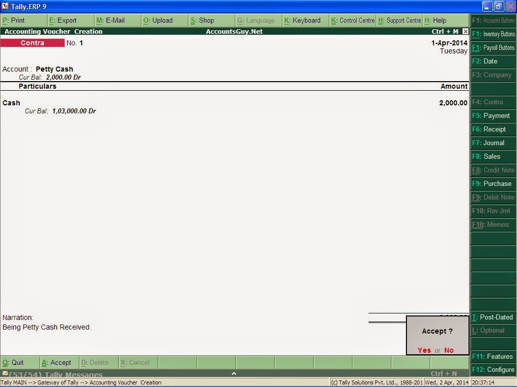 tally entry in charges bank how to Tally.EPR How record received to 9 Petty Cash in