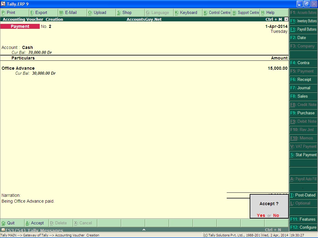 How to record Office Advance using Payment Voucher in Tally.ERP 9